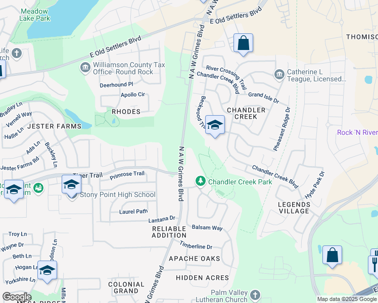 map of restaurants, bars, coffee shops, grocery stores, and more near 2395 North A.W. Grimes Boulevard in Round Rock