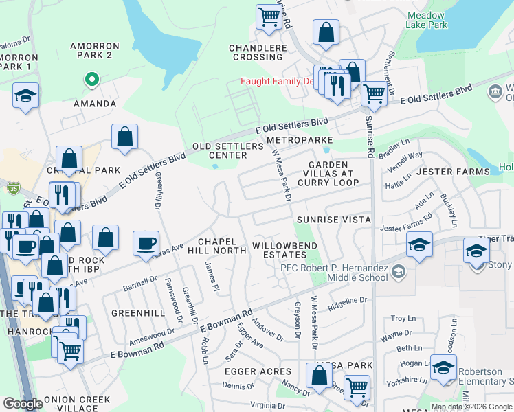 map of restaurants, bars, coffee shops, grocery stores, and more near 605 Saunders Drive in Round Rock