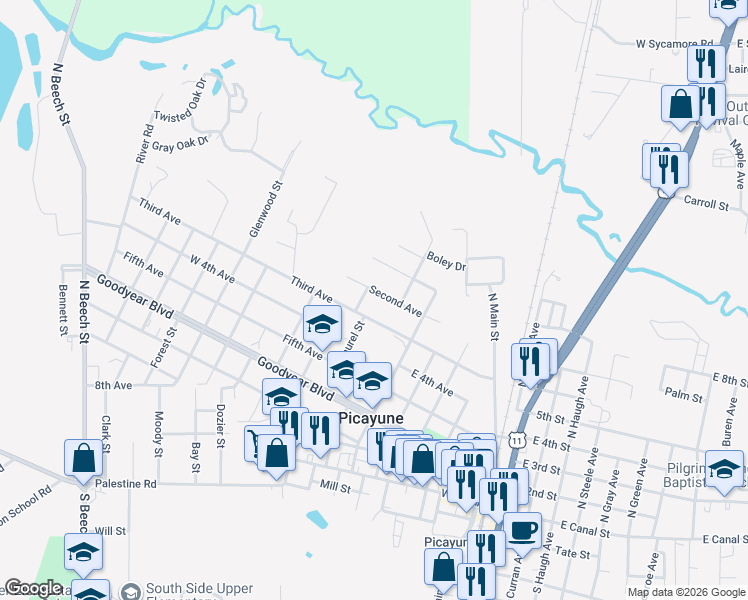 map of restaurants, bars, coffee shops, grocery stores, and more near 712 2nd Avenue in Picayune