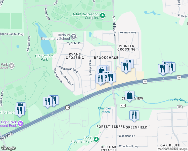 map of restaurants, bars, coffee shops, grocery stores, and more near 661 Reggie Jackson Trail in Round Rock