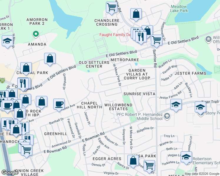 map of restaurants, bars, coffee shops, grocery stores, and more near 707 Saunders Drive in Round Rock