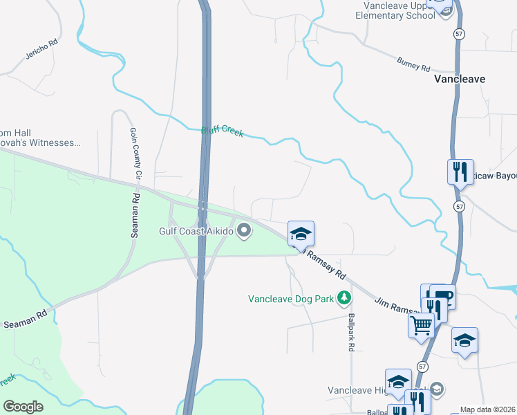 map of restaurants, bars, coffee shops, grocery stores, and more near 13104 Fairley Road in Vancleave