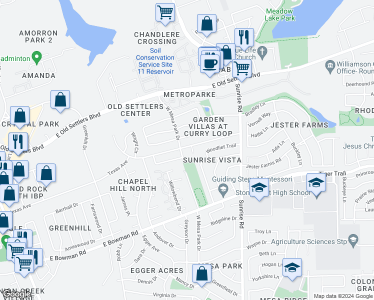 map of restaurants, bars, coffee shops, grocery stores, and more near 804 Country Aire Drive in Round Rock