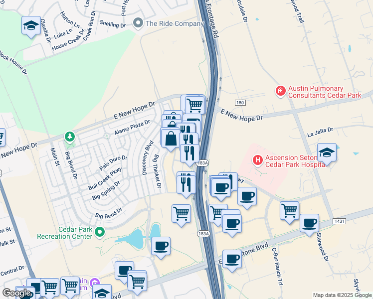 map of restaurants, bars, coffee shops, grocery stores, and more near 183A Frontage Road in Cedar Park
