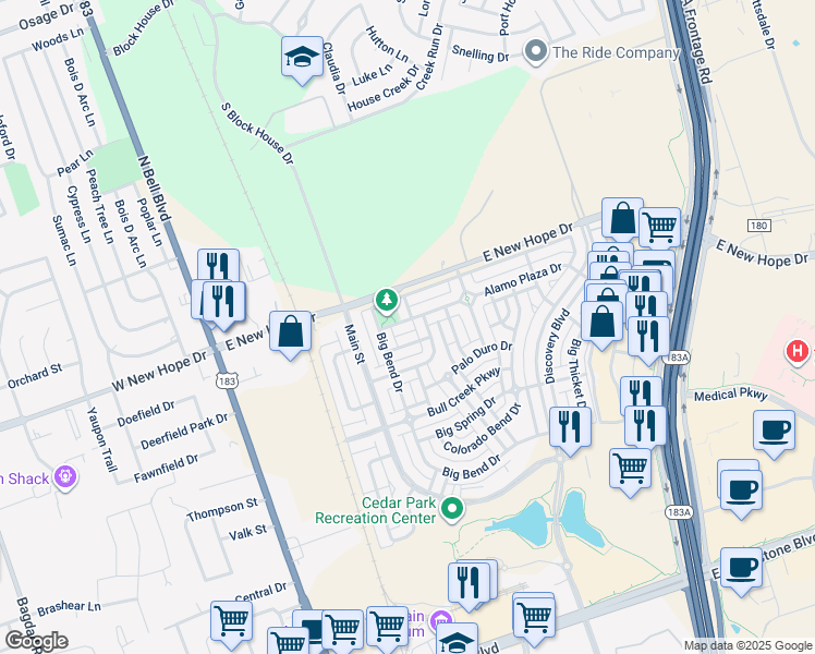 map of restaurants, bars, coffee shops, grocery stores, and more near 809 Brazos Bend Drive in Cedar Park