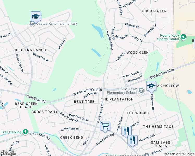 map of restaurants, bars, coffee shops, grocery stores, and more near 2302 Camino Del Verdes Place in Round Rock