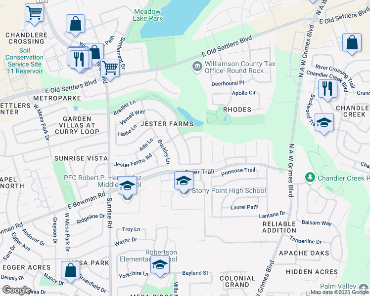 map of restaurants, bars, coffee shops, grocery stores, and more near 2684 Bradley Lane in Round Rock