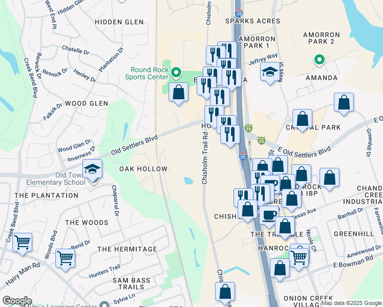 map of restaurants, bars, coffee shops, grocery stores, and more near 2200 Chisholm Trail Road in Round Rock