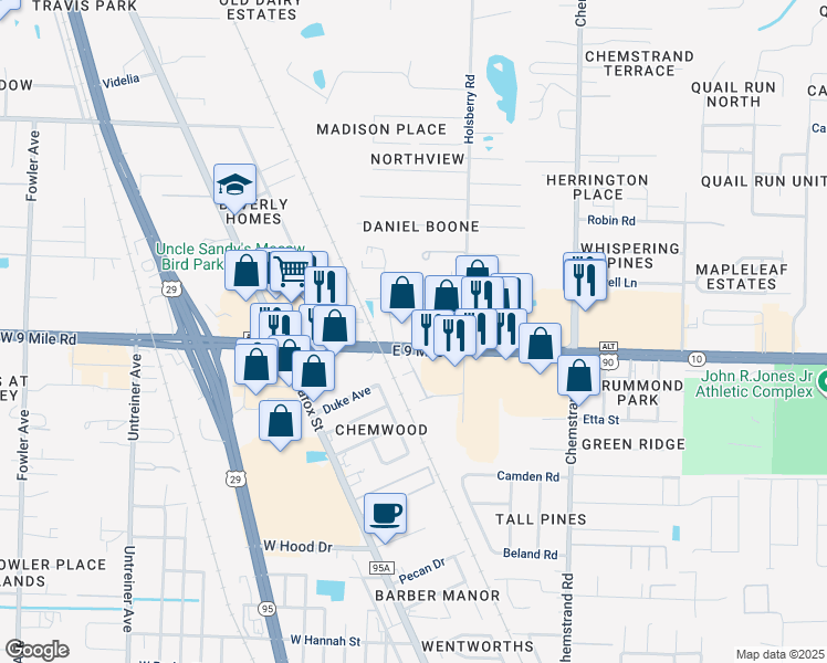 map of restaurants, bars, coffee shops, grocery stores, and more near 126 East 9 Mile Road in Pensacola