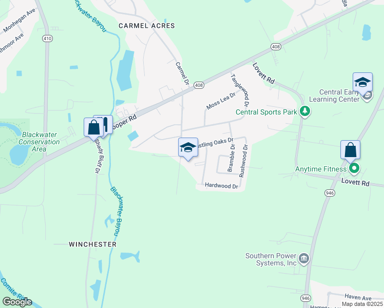 map of restaurants, bars, coffee shops, grocery stores, and more near 9352 Rustling Oaks Drive in Baton Rouge