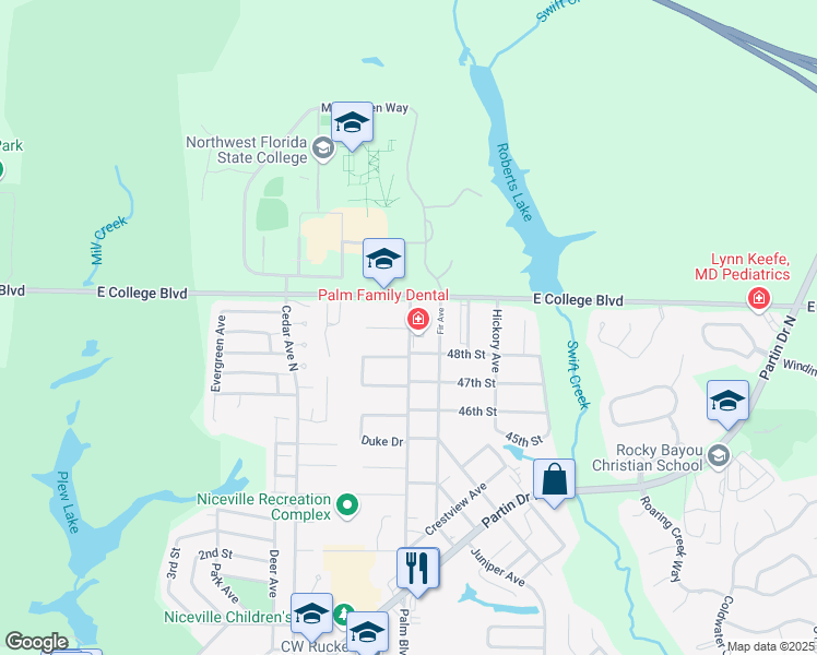 map of restaurants, bars, coffee shops, grocery stores, and more near 835 Palm Boulevard North in Niceville