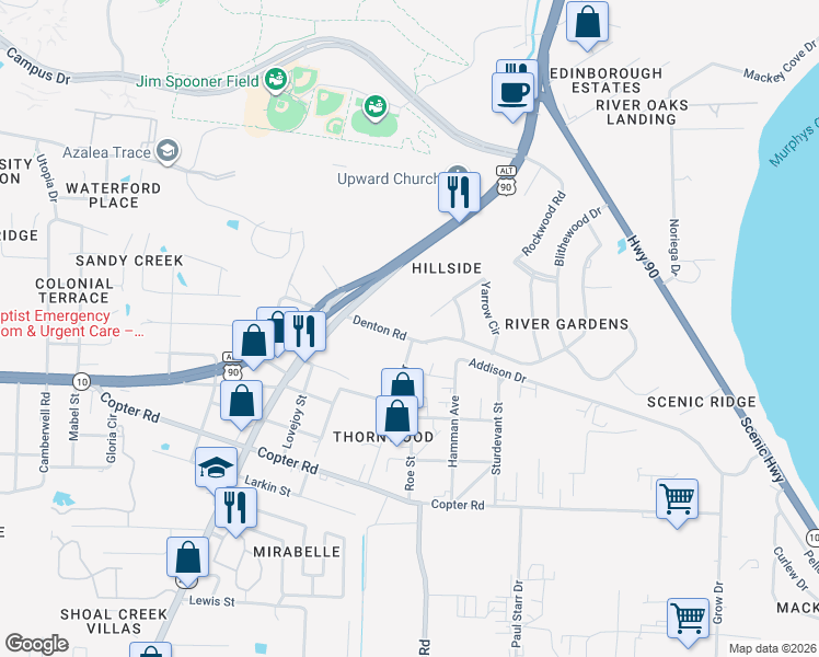 map of restaurants, bars, coffee shops, grocery stores, and more near 2870 Denton Road in Pensacola