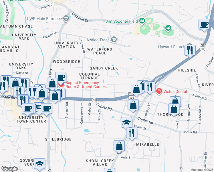 map of restaurants, bars, coffee shops, grocery stores, and more near 2208 Le Ruth Drive in Pensacola