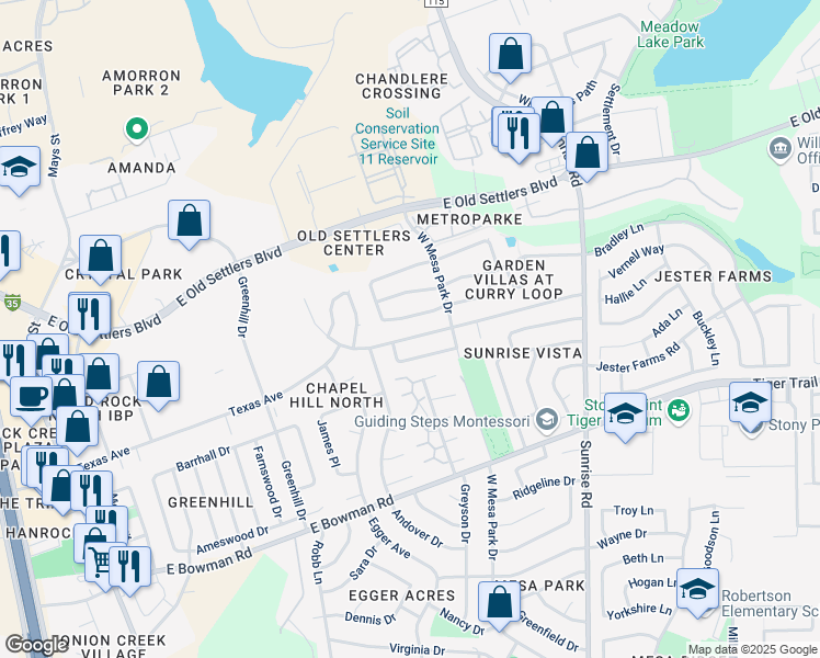 map of restaurants, bars, coffee shops, grocery stores, and more near 605 Saunders Drive in Round Rock