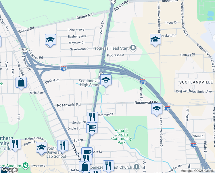 map of restaurants, bars, coffee shops, grocery stores, and more near 9870 Scotland Avenue in Baton Rouge