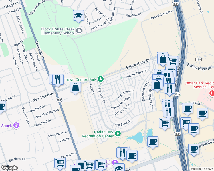 map of restaurants, bars, coffee shops, grocery stores, and more near 610 Alamo Plaza Drive in Cedar Park