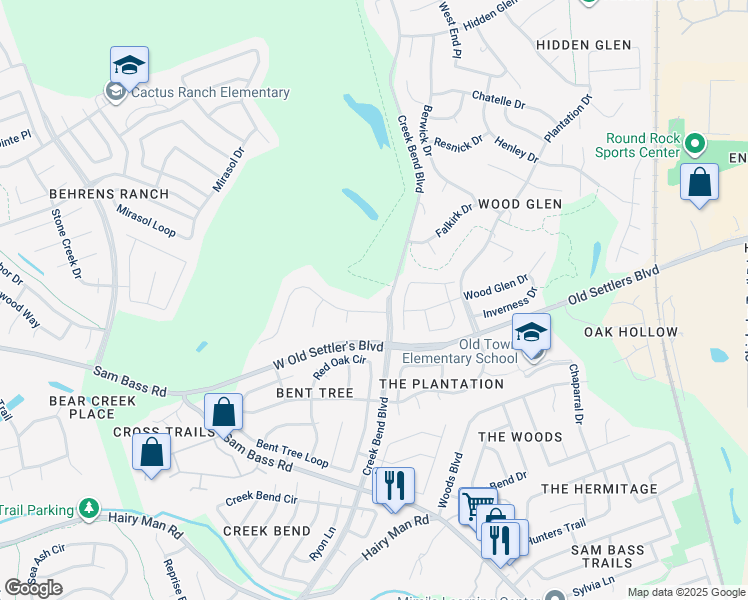 map of restaurants, bars, coffee shops, grocery stores, and more near 2302 Camino Del Verdes Place in Round Rock