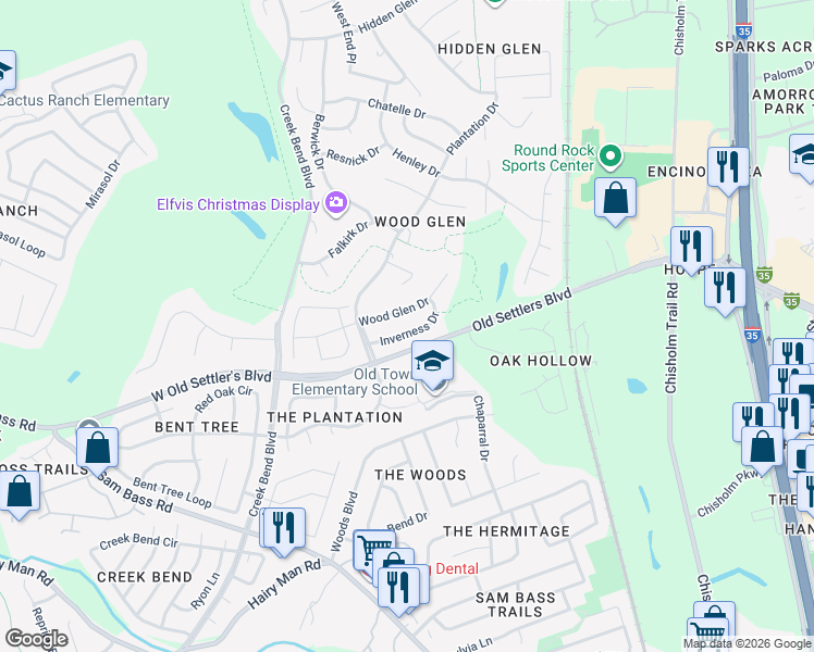 map of restaurants, bars, coffee shops, grocery stores, and more near 2017 Wood Glen Drive in Round Rock