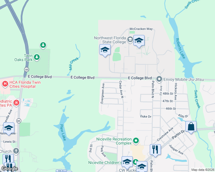 map of restaurants, bars, coffee shops, grocery stores, and more near 354 Evergreen Avenue in Niceville