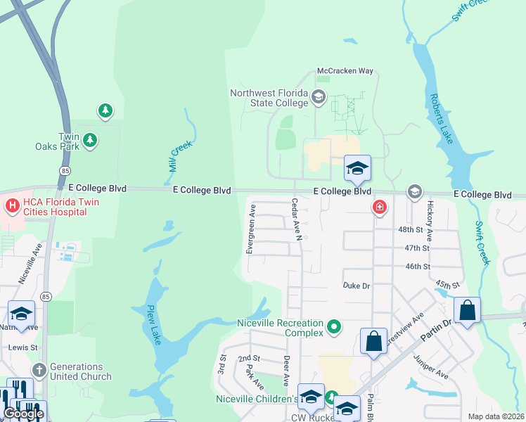map of restaurants, bars, coffee shops, grocery stores, and more near 333 Evergreen Avenue in Niceville