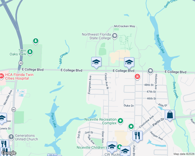 map of restaurants, bars, coffee shops, grocery stores, and more near 354 Evergreen Avenue in Niceville