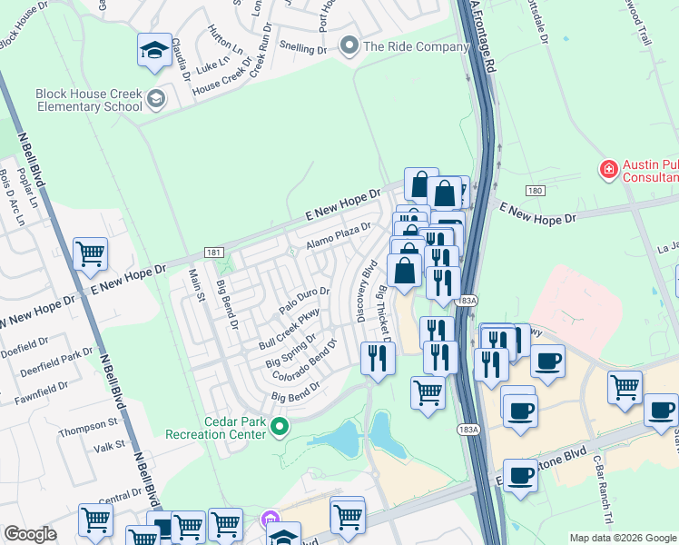 map of restaurants, bars, coffee shops, grocery stores, and more near 1712 Colorado Bend Drive in Cedar Park
