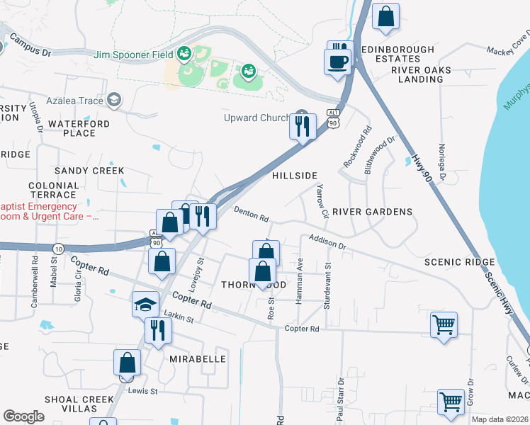 map of restaurants, bars, coffee shops, grocery stores, and more near 2870 Denton Rd in Pensacola