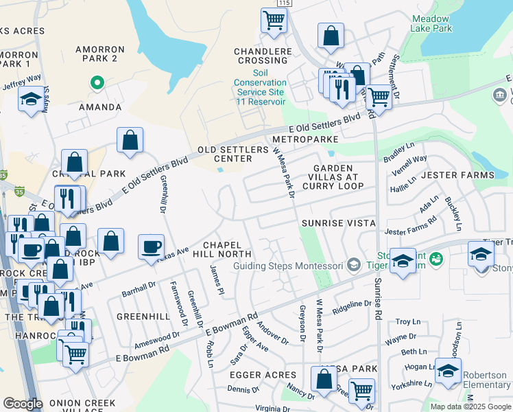 map of restaurants, bars, coffee shops, grocery stores, and more near 605 Saunders Drive in Round Rock