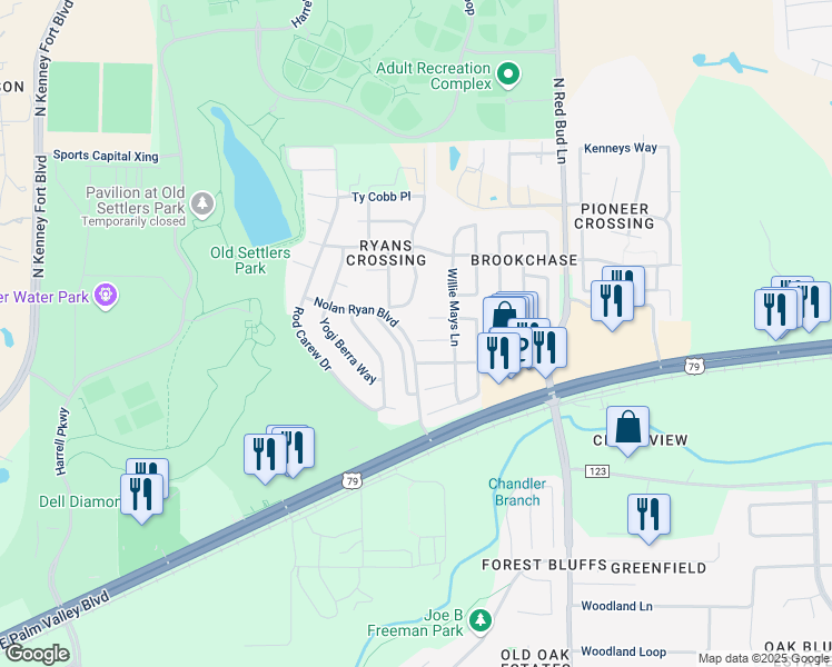 map of restaurants, bars, coffee shops, grocery stores, and more near 916 Fenway Park Court in Round Rock