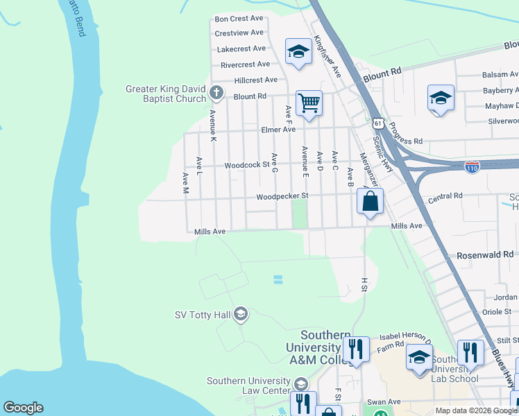 map of restaurants, bars, coffee shops, grocery stores, and more near 333 Flicker Street in Baton Rouge