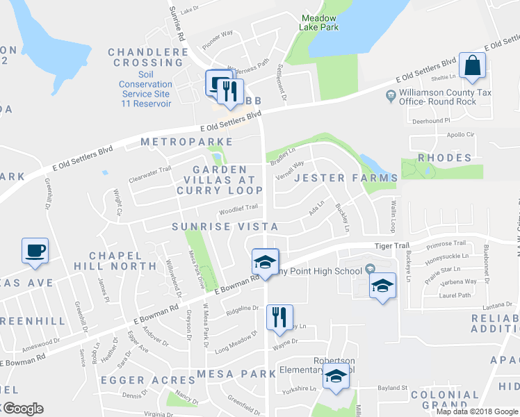 map of restaurants, bars, coffee shops, grocery stores, and more near 1113 Woodlief Trail in Round Rock