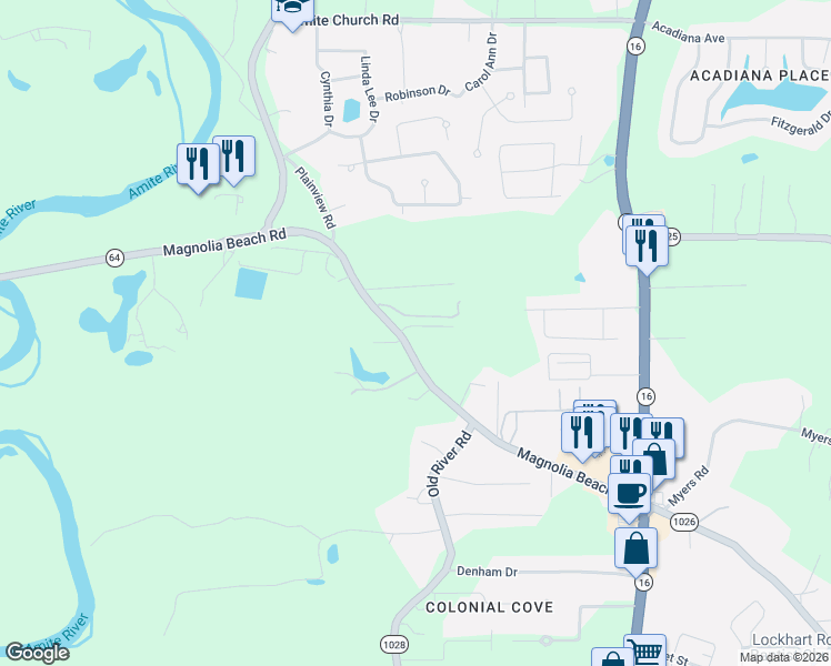 map of restaurants, bars, coffee shops, grocery stores, and more near 7438 Magnolia Garden Court in Denham Springs