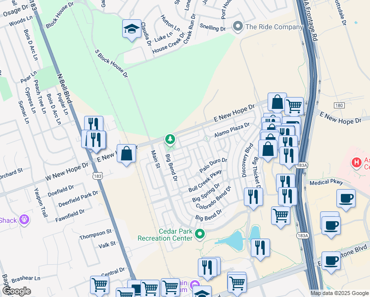 map of restaurants, bars, coffee shops, grocery stores, and more near 809 Brazos Bend Drive in Cedar Park