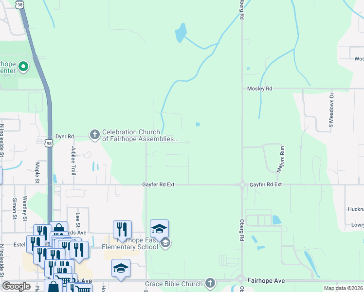 map of restaurants, bars, coffee shops, grocery stores, and more near 22 South Rolling Oaks Drive in Fairhope