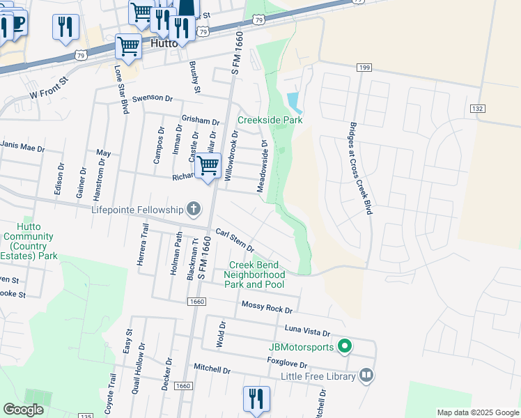 map of restaurants, bars, coffee shops, grocery stores, and more near 1307 Creekbend Cove in Hutto