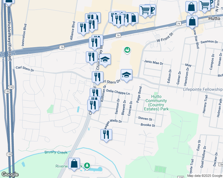 map of restaurants, bars, coffee shops, grocery stores, and more near 1108 Delia Chappa Lane in Hutto