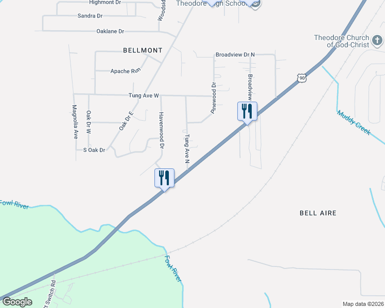 map of restaurants, bars, coffee shops, grocery stores, and more near 7531-7557 Tung Avenue North in Theodore