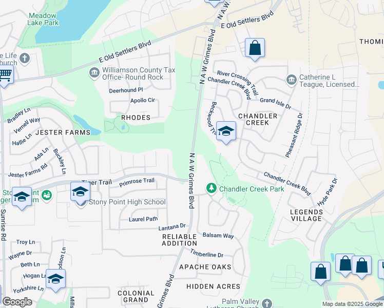 map of restaurants, bars, coffee shops, grocery stores, and more near 2395 North A W Grimes Boulevard in Round Rock