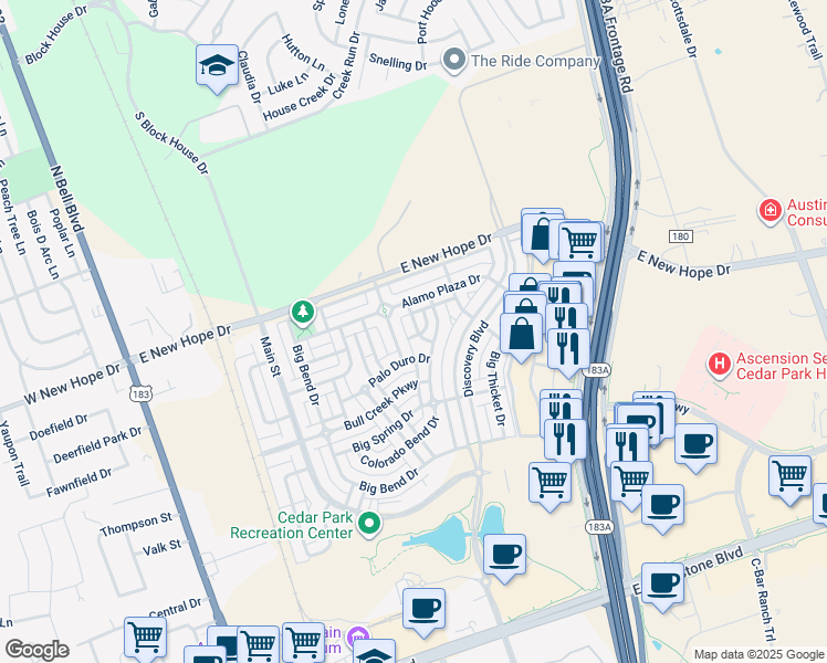 map of restaurants, bars, coffee shops, grocery stores, and more near 1803 Franklin Mountain Drive in Cedar Park