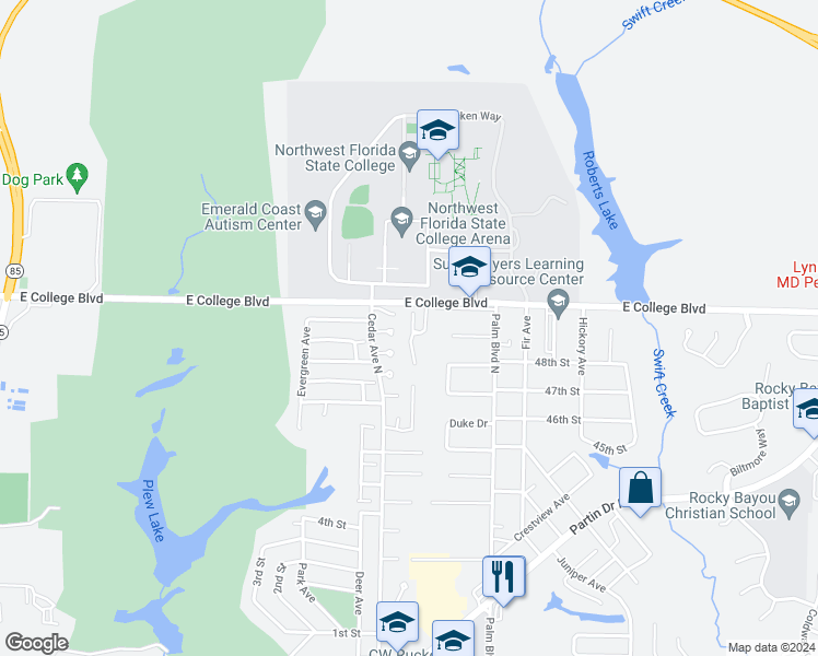map of restaurants, bars, coffee shops, grocery stores, and more near 27 Garden Lane in Niceville