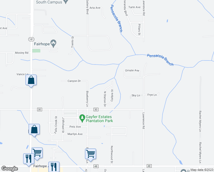 map of restaurants, bars, coffee shops, grocery stores, and more near 557 North Station Drive in Fairhope