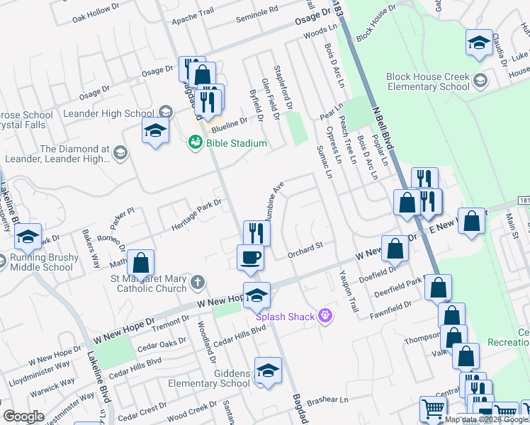 map of restaurants, bars, coffee shops, grocery stores, and more near 633 Columbine Ave in Cedar Park