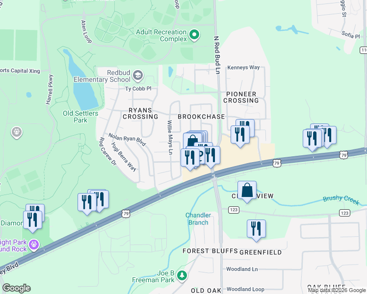 map of restaurants, bars, coffee shops, grocery stores, and more near 661 Reggie Jackson Trail in Round Rock