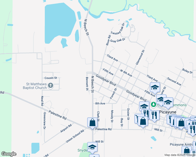 map of restaurants, bars, coffee shops, grocery stores, and more near 1701 Goodyear Boulevard in Picayune
