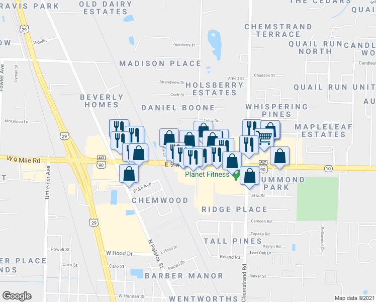 map of restaurants, bars, coffee shops, grocery stores, and more near 9400 Holsberry Road in Pensacola