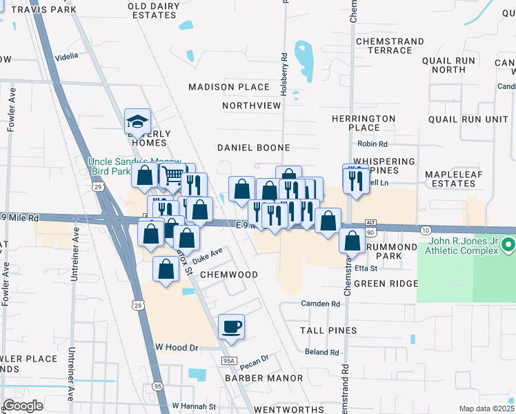 map of restaurants, bars, coffee shops, grocery stores, and more near 126 East 9 Mile Road in Pensacola