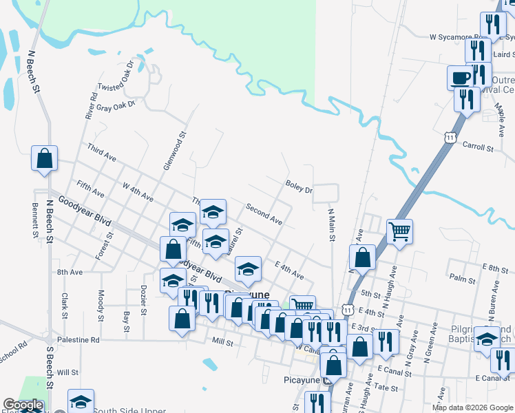 map of restaurants, bars, coffee shops, grocery stores, and more near 712 Second Avenue in Picayune