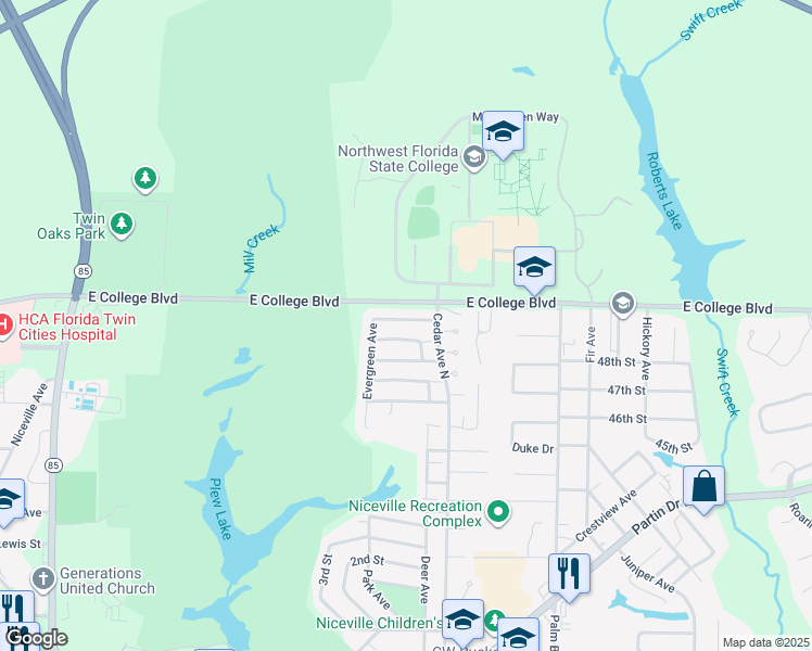 map of restaurants, bars, coffee shops, grocery stores, and more near 354 Evergreen Avenue in Niceville
