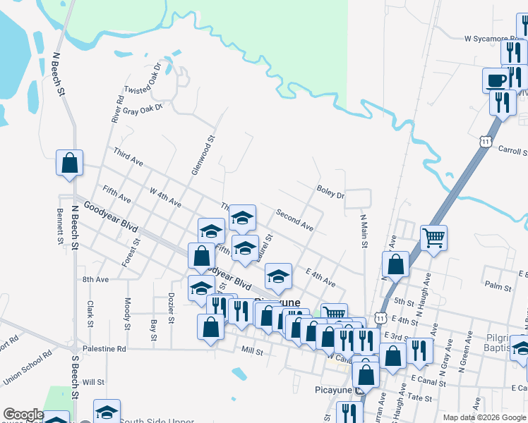 map of restaurants, bars, coffee shops, grocery stores, and more near 897-999 2nd Ave in Picayune