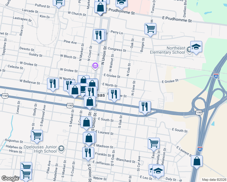 map of restaurants, bars, coffee shops, grocery stores, and more near 420 East Bellevue Street in Opelousas